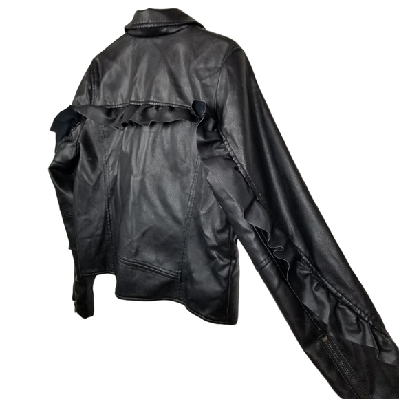 Pink Key Black Vegan Leather Moto Jacket with Ruffle Sleeves Women's Size Large - Picture 1 of 11
